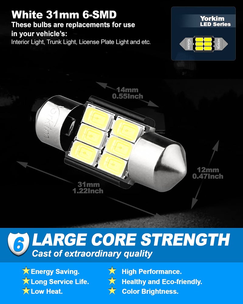 Yorkim DE3022 LED Bulb Super Bright DE3175 Festoon Bulbs White, Error Free Canbus 6-SMD 5730 Chipsets, DE3021 Interior Car Lights 31mm LED Bulbs for dome map light - Pack of 4 - Image 5